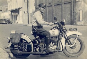South Carolina Highway Patrol motor officer riding a 1937 Harley-Davidson model ULH