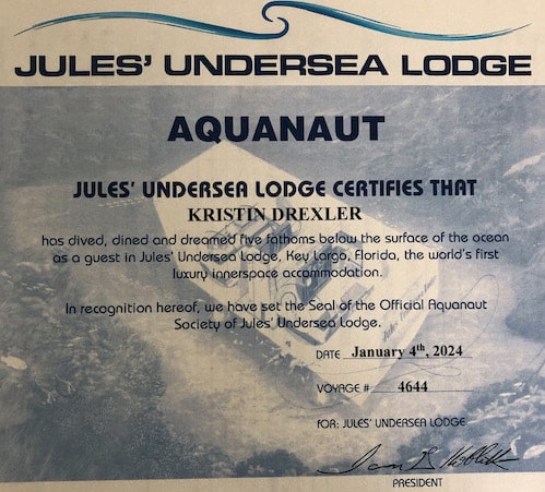jules' undersea lodge aqaunaut certificate